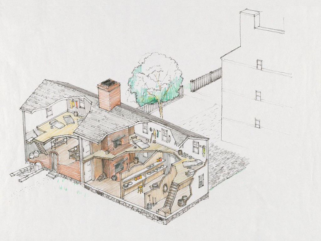 Conjectural drawing by Gerry Foster, illustrating possible uses of spaces in the Slave Quarters